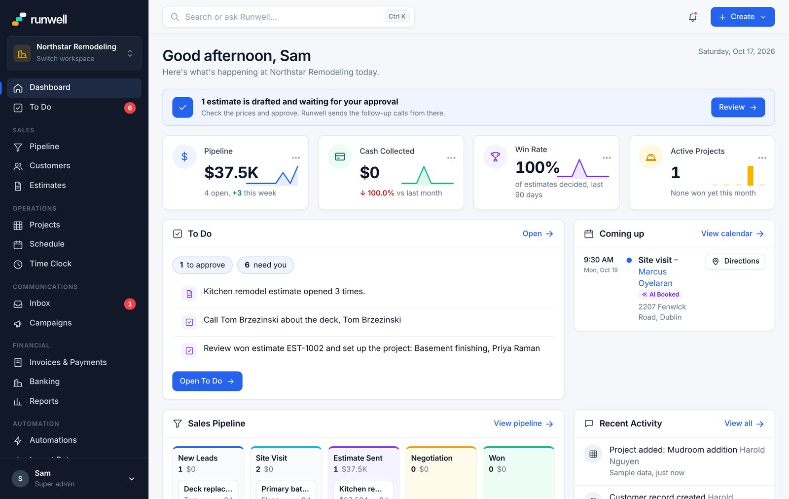 The Runwell dashboard showing an estimate waiting for approval, the sales pipeline, a site visit booked by the phone assistant, and the day's to-do list.